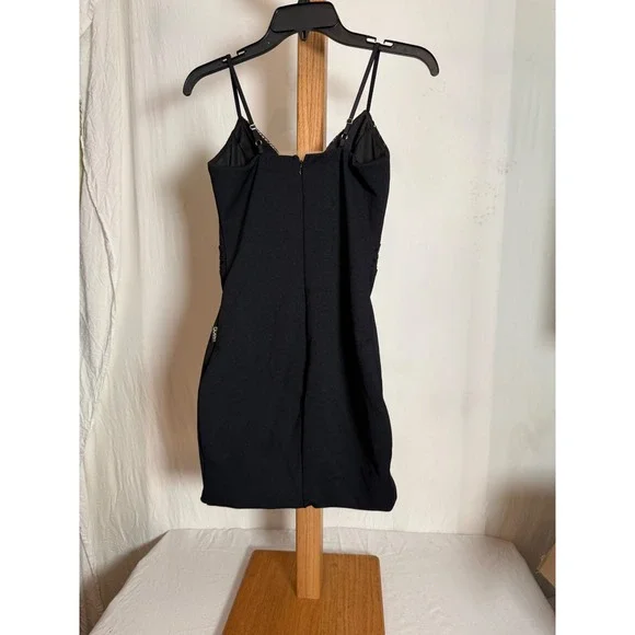 DON'T QUEST Black Nude Lace Mesh Bodycon Mini Adjustable Straps Cocktail Dress - Picture 2 of 6